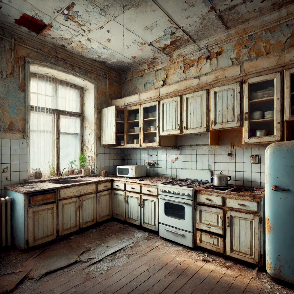 DALL·E 2025-02-15 00.47.55 - An old, worn-out kitchen with broken cabinets, faded countertops, and outdated appliances. The walls have peeling paint, and the floor looks damaged,